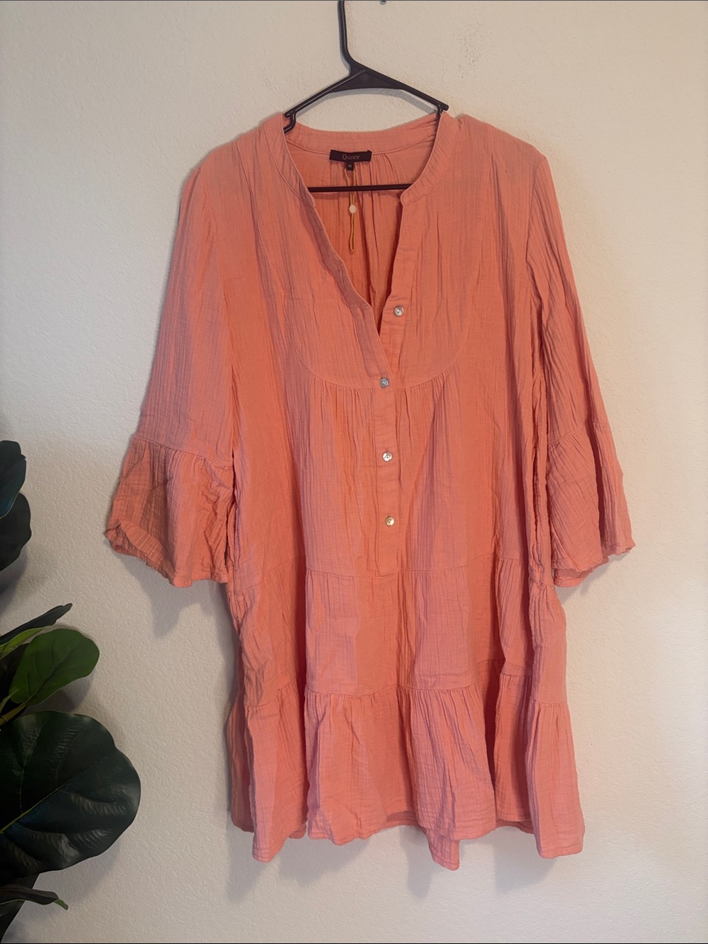 Quince Coral Tiered Button-Front Long Sleeve Tunic Dress